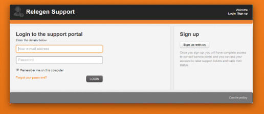This is an image of the login screen to the Relegen support portal