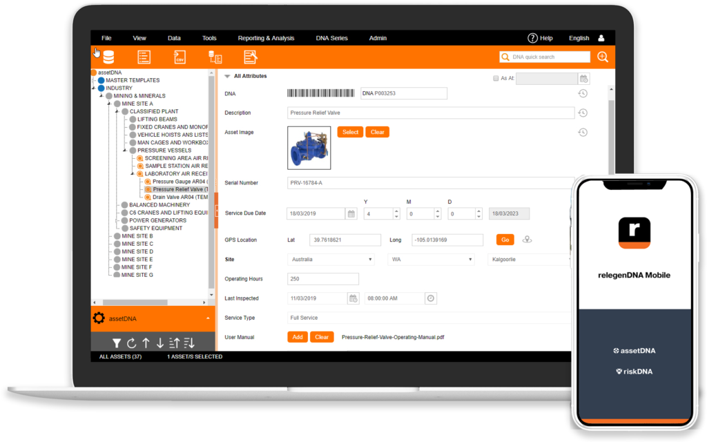 Screenshot of assetDNA Cloud on laptopn and relegenDNA Mobile iOS app on an iPhone